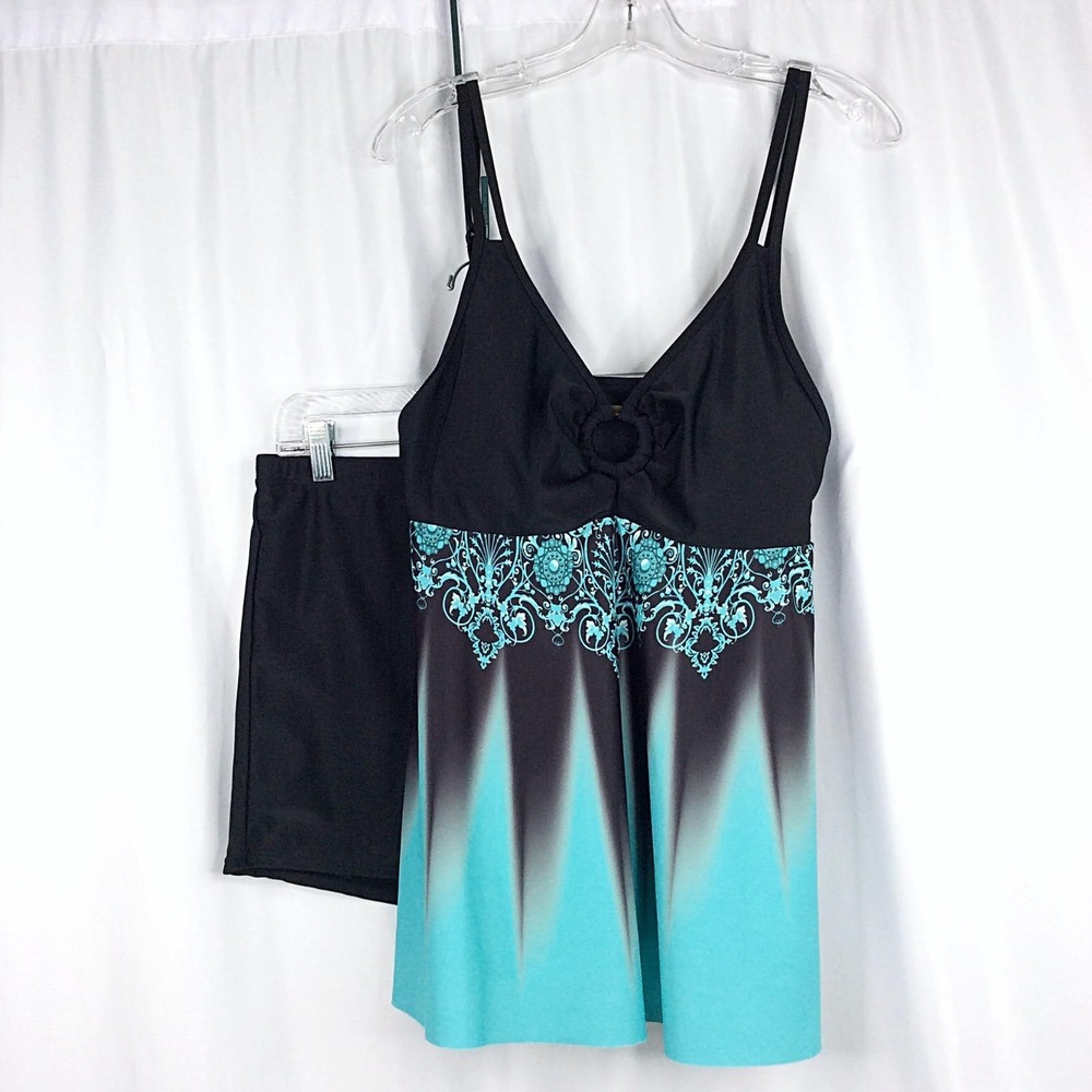 Women's 2PC Swimsuit Set Size 1XL Green Black Tankini Top Boyshorts Bottoms - Picture 2 of 15